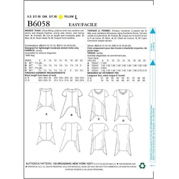 Butterick Sewing Pattern 6058 Top Tunic Shirt Misses Size 6-14 - Picture 2 of 3